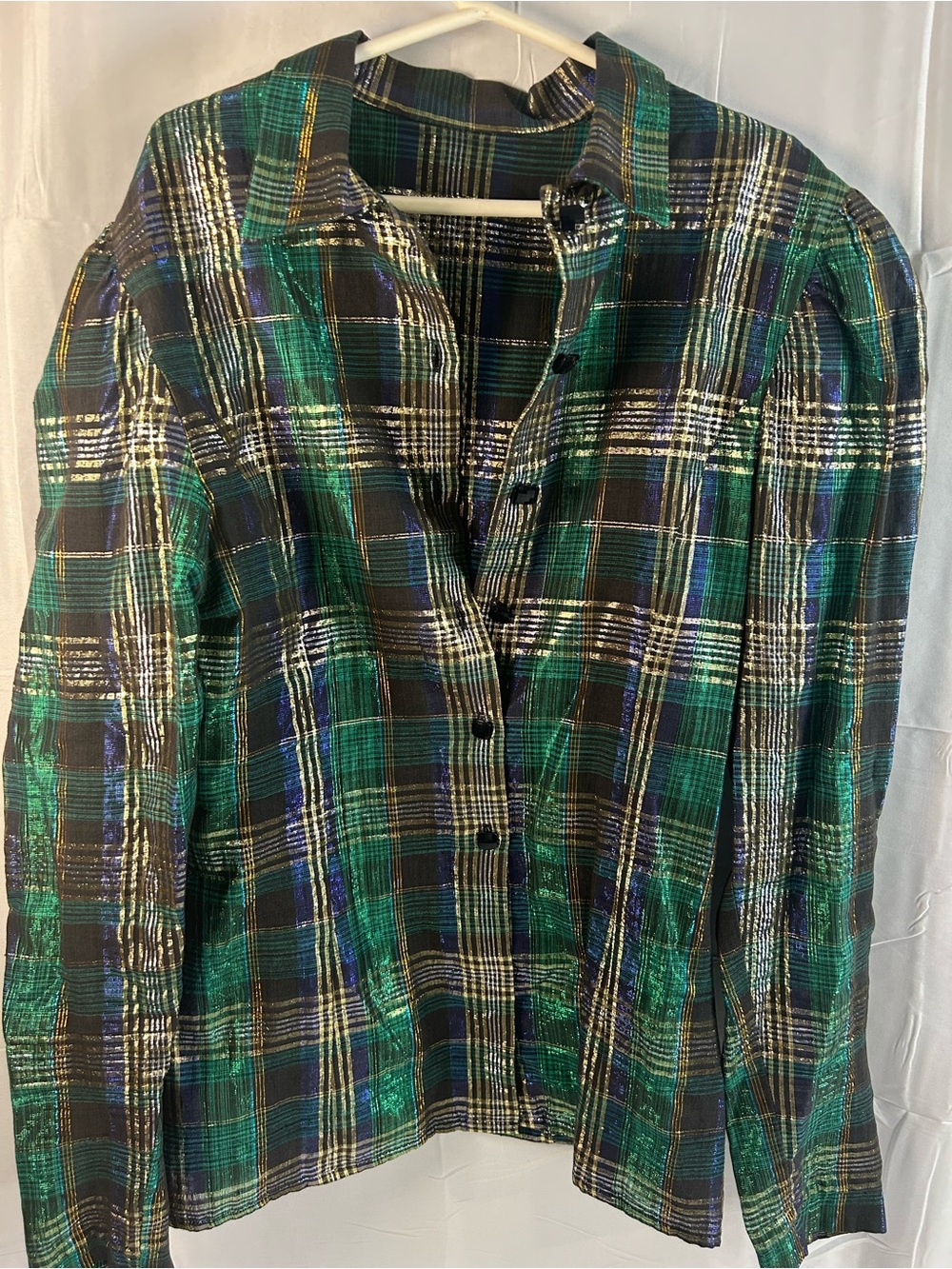 Plaid Green and Black Shimmer Women's Button-Up Shirt (4-6) S tailored 8